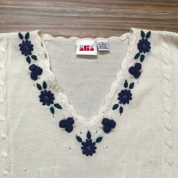 Alia White Cable Knit Pullover Sweater with Blue Floral Embroidery & Beading - Picture 3 of 7